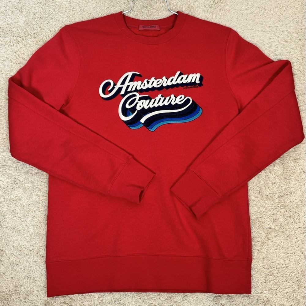 Scotch and Soda Red Crewneck Embroidered Sweatshirt Men's M Amsterdam Couture